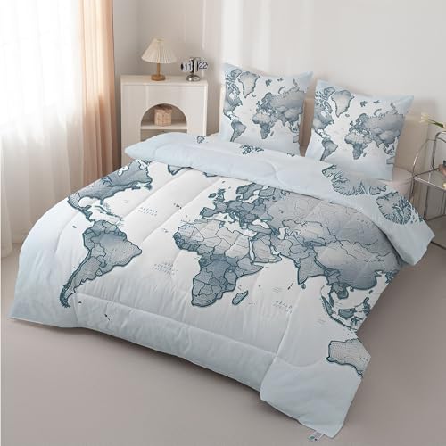 Boceoey Mapa Edredón Cama 90 Mundo - Edredón Reversible 4 Estaciones de Microfibra, Diseño Navegación Mapa Azul, Suave y Transpirable Relleno Nórdico 180x220 cm y 2 Fundas de Almohada 50x75 cm AX-578