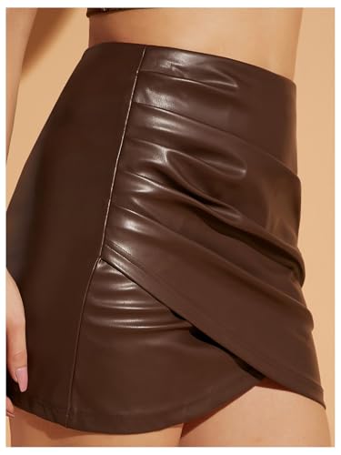 WDIRARA Women's High Waisted Ruched Wrap PU Leather Bodycon Skirt Asymmetrical Mini Skirt4