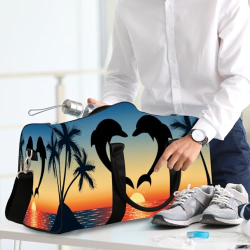Ocean Animal Dolphin Palm Tree Weekender Bag Travel Duffle Bag for Women Men Overnight Shoulder Bags Waterproof Foldable Sports Gym Tote Bags Carry On Luggage for Travel Sports Dance Yoga Hospital 6