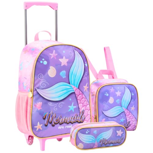 Kit Mochila Mochileta Bolsa Escolar Rodinha Feminia Lancheira Térmica Estojo Sereia Menina