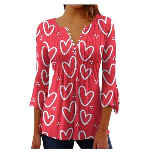 Gifts for Women Womens Tops Spring Summer 2024 Casual Valentine's Day Print V Neck T Shirts Trendy 3/4 Sleeve Button Down Pleated Blouse