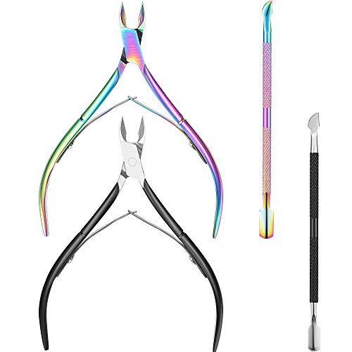 4 Pieces Cuticle Remover With Cuticle Pusher Cuticles Nipper Stainless Steel Cuticle Trimmer Clipper Nail Gel Remover Pedicure Manicure Tools for Fingernails and Toenails (Black and Chameleon)