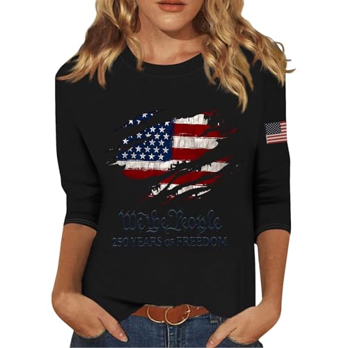 Women Patriotic Flag Printed Shirts 250th Anniversary USA Round Neck Tops Casual 3/4 Sleeve Blouse