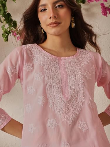 Image of Ada Hand Embroidered Lucknow Chikankari Straight Round Neck Cotton Blend Short Kurti Tunic Top for Women A911333