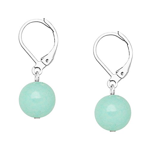 Boucles d'oreilles en jade aqua 10mm et rhodium brillant avec fermoir levier securise