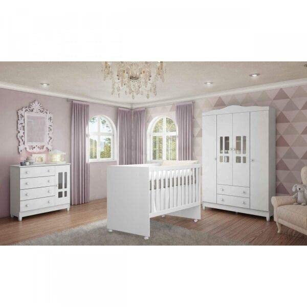 Quarto de Bebê Completo 4 Portas com Comoda Fraldário Lidi Carolina Baby Barrique/branco Brilho