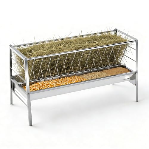 Stainless Steel Goat Sheep Feeder 94-Gallon Grain|Water|Hay Feeder 8.0 Deeper|59 Long Feeding Pan Livestock Hay Rack for Barn Pasture Cow Shed Courtyard