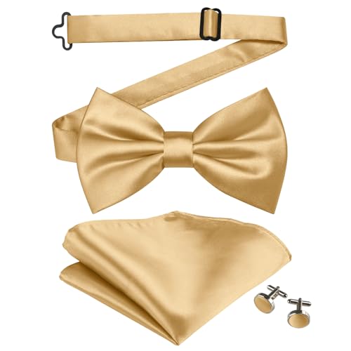 Mukidom Gold Bow Ties for Men.Adjustable Solid Color Pre-Tied Bowtie and Pocket Square Cufflinks Set for Wedding