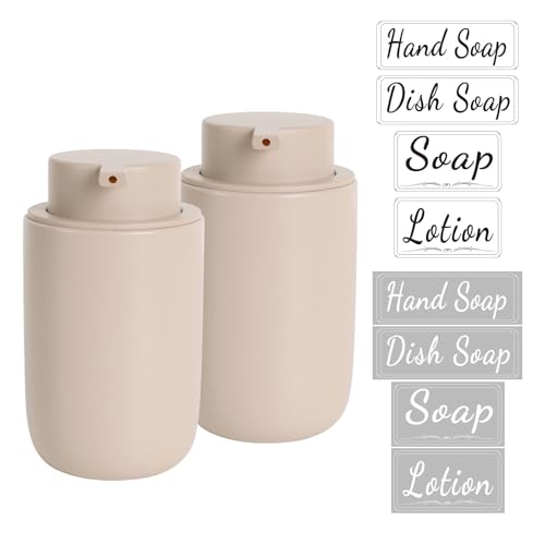 Image of BosilunLife Khaki Soap Dispenser Set - 2 Pack 12oz Ceramic Dish Soap Dispenser with Rust Proof Pump for Kitchen, Hand Soap and Lotion Set Suitable for Farmhouse Bathroom Decor with Waterproof Labels