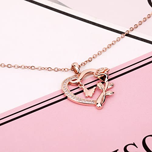 Heart Necklace for Women Sterling Silver/14k Gold Plated/Rose Gold CZ Romantic Rose and Butterfly Jewelry for women Birthday Valentine's Day Gift for Girls4