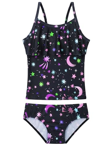Image of Girls Tankini Swimsuit UPF50+ Ruffle 2 Piece Bathing Suit Full Coverage Kids Swimwear Ages 2-14 Years