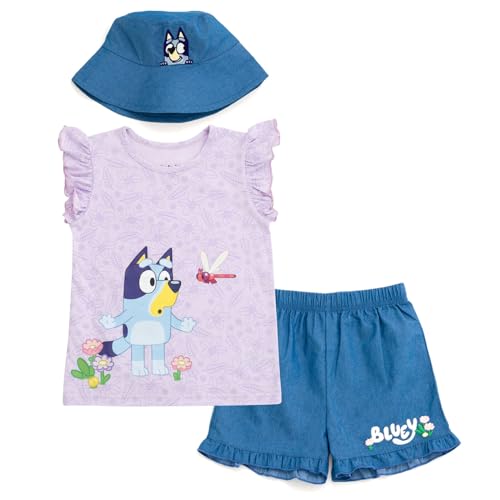 Bluey Floral Toddler Girls Tank Top Chambray Shorts and Bucket Sun Hat 3 Piece Outfit Set Purple/Blue 5T
