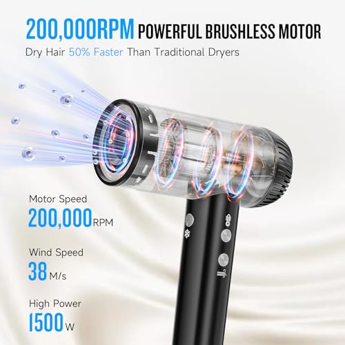 2026 Hair Dryer, 200,000 RPM Professional High Speed Blow Dryer with Diffuser for Women, 1200M Negative Ionic Hair Dryer with Brushless Motor, Low Noise Hair Blow Dryer for Home Travel Salon, Black - Image 3