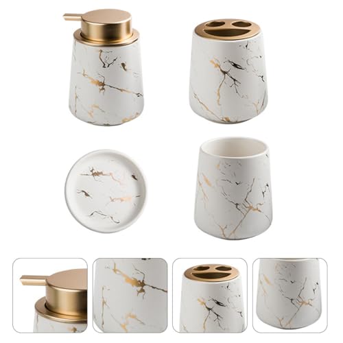 Juego de baño elegante de cerámica con dos tazas y dosificador blanco 8