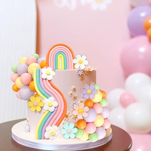 Havagdtm HAVA-LS-KJ-ZXG Rainbow Cake Topper Colorful Balls Groovy Baby Cake Decorations Disco Ball Cake Retro Hippie Daisy Flower Cake Topper thumb #2