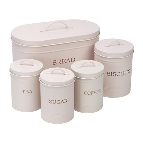 Simpa 5PC Vintage Style Matt Cream Metal Kitchen Storage Set with Oval Bread Bin and Round Biscuit Tin, Tea, Coffee and Sugar Canisters.