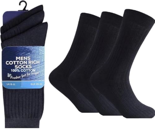 OnlyBee Men's Comfort 100% Cotton 3 Pair Pack Black Dark Mix Ribbed Socks UK 6-11 (UK, Numeric, 6, 11, Regular, Regular, Black)