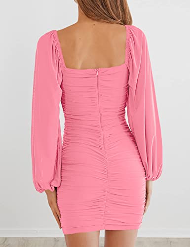 Image of MEROKEETY Women Square Neck Lantern Long Sleeve Mesh Ruched Bodycon Clubwear Mini Dress