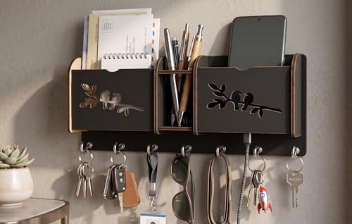 Image of Wall Mount Key Holder & Mail Organizer | Laser-Cut Key Hanger with 7 Metal Hooks, Letter Rack & Pen Stand | Wooden Wall Decor for Entryway, Living Room, Home & Office (Bird Branch)