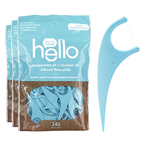 hello Peppermint Floss Picks, Natural Peppermint + Xylitol Infused, Pfas-Free Thread, Vegan & SLS Free, 80 Count (3 Packs of 80, Total of 240 Floss Picks), 3 Count
