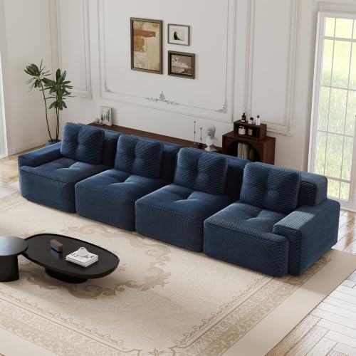 Image of 153 inch Extra Large 4-Seater Modular Boneless Couch, Luxury Corduroy Fabric, Deep Seat Cloud sectional Sofa with Buckle Connection, No Assembly Anti-Slip Couch for Big Living Room, Blue