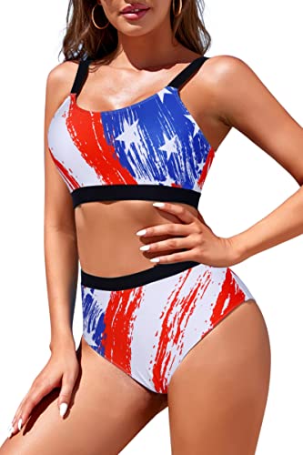 Image of Womens High Waisted Bikini Sets Sporty Crop Top Color Block Swimwear Bandeau Scoop Neck Vintage Two Piece Bathing Suits