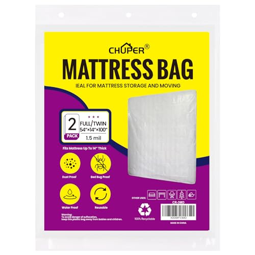 CHUPER 2 Pack Full/Twin XL/Twin Mattress Bags for Moving – Waterproof, Dustproof & Tear-Resistant Plastic Mattress Cover for Moving & Storage, Mattress Bag for Disposal