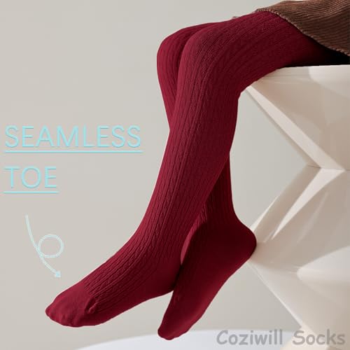 Coziwill Socks Girls Tights Seamless Toddler Stockings Tights Soft Cotton Cable Knit Baby Girl Leggings Kids 4-6 Years 3 Pack (Black+Navy+Wine Red, S)
