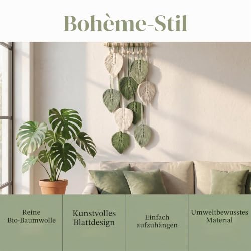 Makramee Wandbehang mit grün-weißen Blättern – Boho-Deko aus Baumwolle, 25 x 60 cm – Bild 4