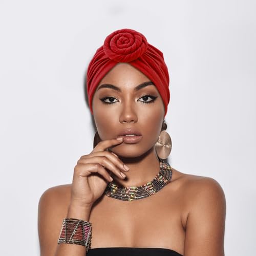 Image of DRESHOW 5 Pack Knotted Headwraps for Women African Turban Pre-Knotted Beanie Headwraps Hair Covers