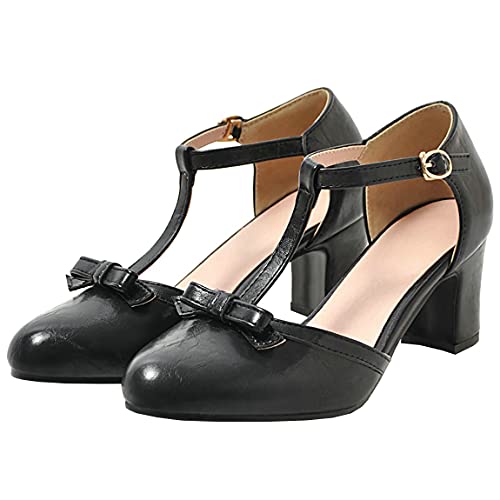 Trendenzy Womens T Strap Mary Jane Pumps Chunky High Heel Bowtie Dress Shoes