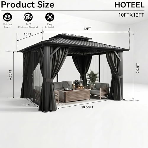 Image of HOTEEL 10x12 Heavy Duty Pavilion with Galvanized Steel Double Roof，Black