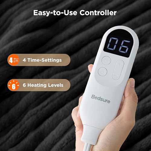 Image of Bedsure Heated Blanket Electric Throw - Thick Striped Flannel Electric Blanket, Heating with 4 Time Settings, 6 Heat Settings, and 3-Hour Timer Auto Shut Off, Gift for Grandma (50x60 inches, Black)