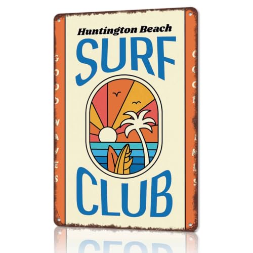 Huntington Beach Surf Club Vintage Aluminum Metal Sign, 8 x 12 Inch, Home Bar Coffee Shop Garage...