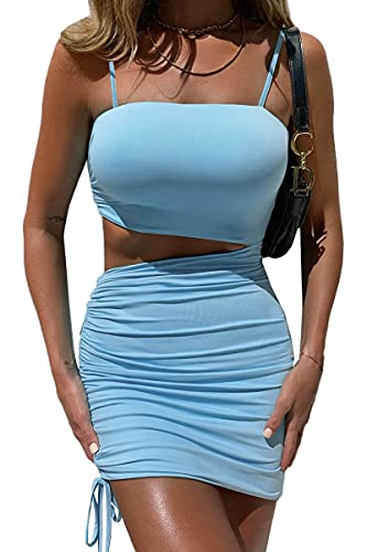 CHYRII Women s Sexy Spaghetti Strap Cutout Ruched Drawstring Club Bodycon Mini Dress Blue M