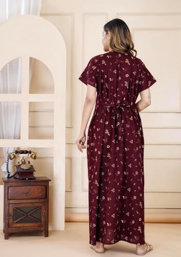 Image of DIAMO Pure Cotton Embroidery Nighty for Women, Cotton Night Gown, Night Maxi Gown, Cotton Nighty with a Pocket and Adjustable Knot