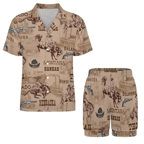 Image of Women Satin Pajamas Shorts Sets Wild West Rodeo Cowboys Silk PJs 2 Piece Outfits Shirt Lounge Pants Set, Medium