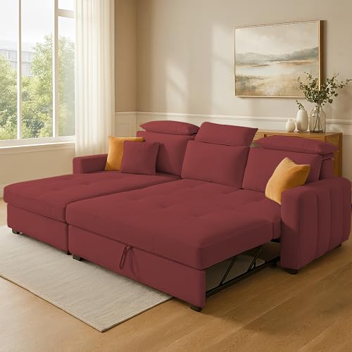Image of Casaliving Gagnon LHS 4 Seater L Shape Corner Sofa Cum Bed for Living Room (Maroon Fabric) Premium Fabric Sofa