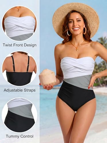 Image of Smismivo Tummy Control Swimwear Strapless One Piece Swimsuit Ruched Bathing Suits for Women Slimming Bandeau Tube Top Bikini