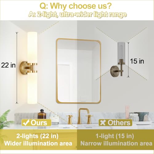 Indoi Wall Sconces Set of Two, Brushed Gold Bathroom Sconces Wall Lighting with Milky White Glass, Modern Sconces Wall Decor Set of 2 Bathroom Light Fixtures for Mirror Living Room Hallway Bedroom
