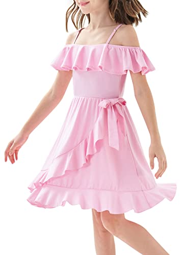 Mebius Girls Off Shoulder Dresses Flowy with Pockets Summer Ruffle Wrap Dress Casual Party Graduatoin Kids Dress3