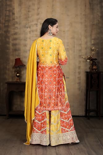 Miss Ethnik Store Miss Ethnik Women's Yellow Chinon Kurta Palazzo Set - Image 4