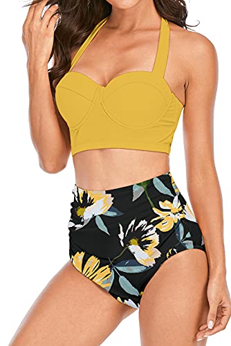 Fancyskin Yellow High Waisted Bikini Dot Two Piece Underwire Swimsuits Beach Swimwear S #TOP1