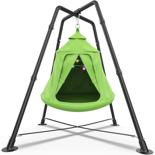 Swing Set with Tent Swing X-Shaped Swing Frame with Sensory Swing Tent Swing with Swing Stand Hammock Chair with Stand 330 lbs Capacity w/Rainbow Lights String Indoor/Outdoor Use(Green)
