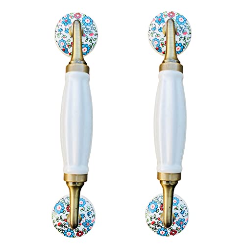 Image of Maison Belle- Art & Craft Ceramic Door Handle Gold Antique Finish - (Size 8.5 Inch) - Hole to Hole 6.5 INCH (Pack of 1) (White 8.5 INCH - Multi Flower KNOBS)