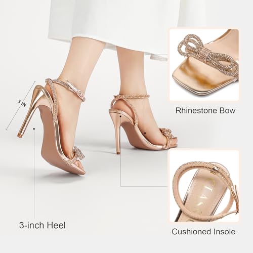 Image of Women's Double Bowknots Heels Crystal Sandals, Silver Strappy High Heels for Women Open SquareToe Clear Heels Wedding Shoes Ankle Strap Crystal Rhinestonefor