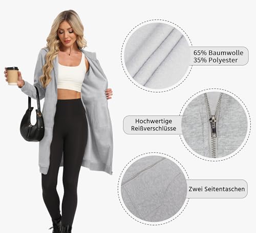 Timuspo Damen Sweatjacke Lang mit Reißverschluss Oversize Kapuzenjacke Hoodie Jacke Baumwolle Sweatshirt Strickjacke Casual Grau XL