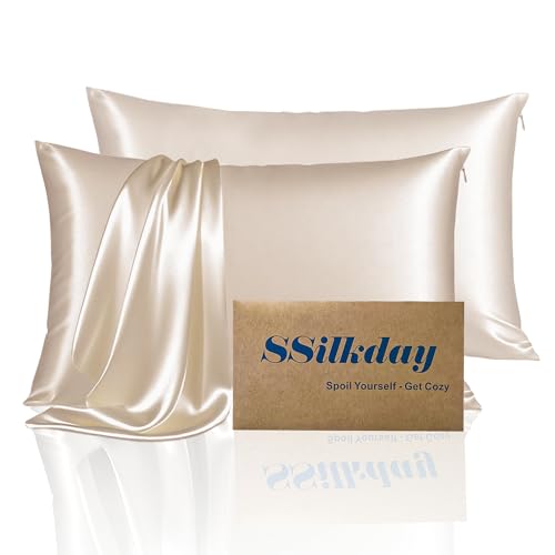 Mulberry Silk King Size Pillow Cases Set of 2, Ultra Smooth Soft Breathable Cooling Pillow Cases for Hot Sleepers, Silk Satin Pillowcases 2 Pack with Zipper for Hair and Skin, Gifts for Women