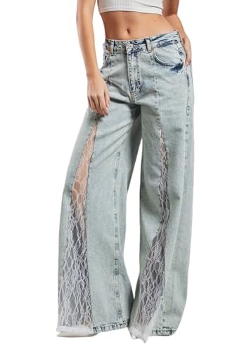 CHARTOU Low Rise Wide Leg Jeans Woman Baggy Lace Patchwork Flare Y2k Jeans Bell Bottom Denim Pants Summer