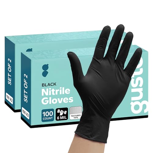 Image of GUSTO [100 Count] Black Nitrile Disposable Gloves 6 Mil. Chemical Resistance, Latex & Powder Free, Textured Fingertips Gloves